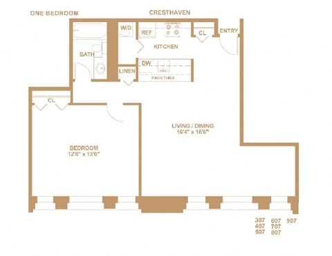Floor plan for 1 bed, 1 bath, 955 sqft